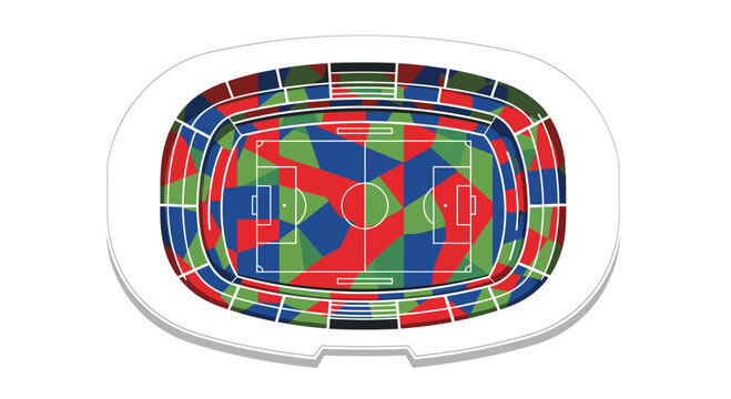 Stadium seating layout displaying a complex geometric pattern of red, blue, and green blocks surrounding a central soccer pitch area.