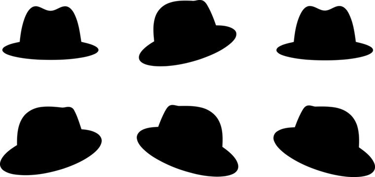 Set of black silhouettes of fedora hats