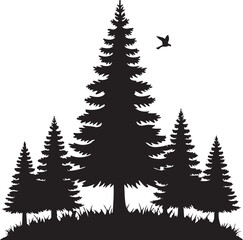 Fototapeta premium Pine tree forest silhouette, black trees, evergreen woods, nature landscape, vector icons