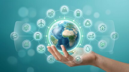 Fototapeta premium Hand holding realistic earth globe with sustainability and renewable energy icons