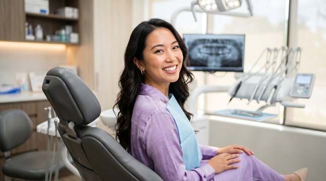Happy asian woman sitting in dental chair at clinic. Patient waiting for oral checkup. Modern stomatology and professional dental care. Healthy smile and wellness concept in office.
