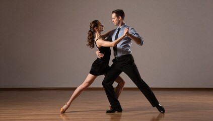 Fototapeta premium Elegant couple performing the tango with passion and grace on a wooden dance floor