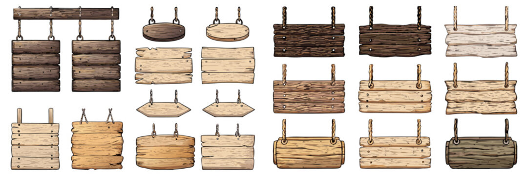 A mega vector set of hand-drawn hanging rustic wooden signs, textured multi-plank billboards, and empty placards suspended from ropes and wooden bars.