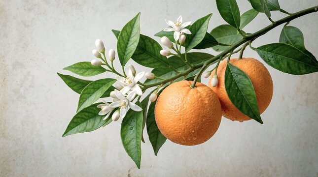 Fresh oranges with white flowers on tree branch