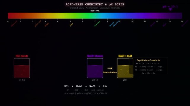 Acid Base Chemical Reaction Animation Showing pH Scale Neutralization and Proton Transfer Process