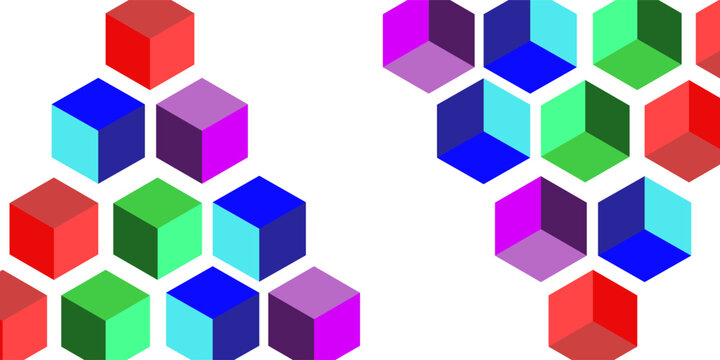 Cube pyramid structure on white background. Colorful block elements. Geometric hexagon element