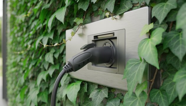 Modern Electric Car Charger Connected to Plug with Green Ivy Background in Sustainable Environment for Eco-Friendly Transportation Initiatives