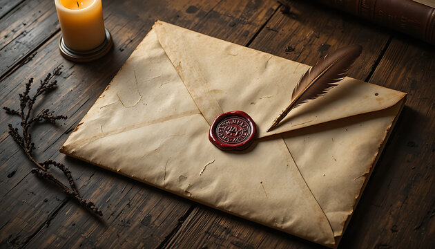 Old vintage envelope with wax seal on aged paper surrounded by compass map and antique travel items on wooden table background