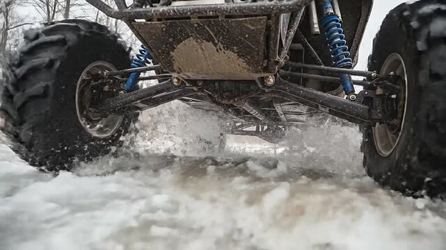 A powerful off-road vehicle drives through deep snow and slushy water