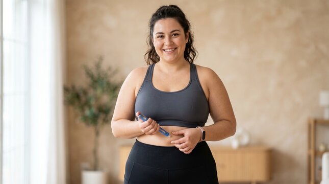 Woman injecting medication for weight loss into abdomen. Patient self administering diabetes medicine with pen injector. Obesity treatment, healthcare and healthy lifestyle management concept.