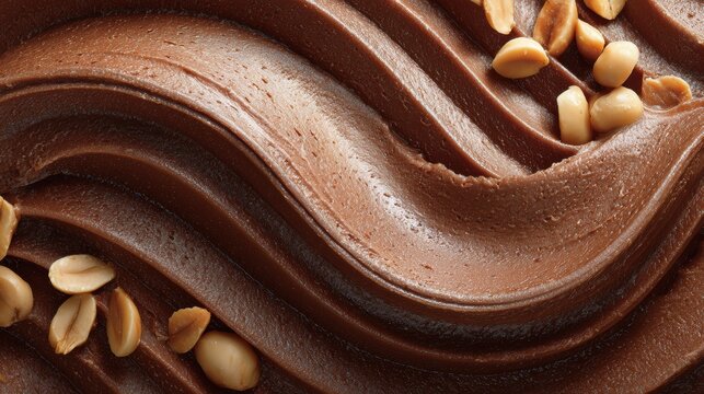 Smooth, rich chocolate swirl with scattered peanuts, showcasing a tempting blend of textures and flavors.