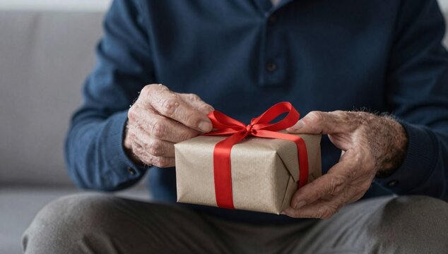 Older man unwraps a small present with a red bow sitting on his lap indoors