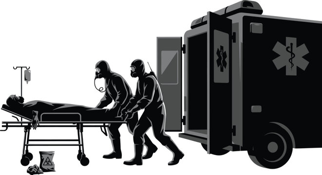 Paramedics moving patient on gurney to ambulance vector illustration with paramedics ambulance stretcher emergency