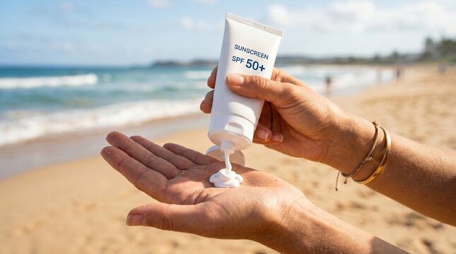 Woman squeezing sunscreen from tube onto her hand at the beach. Skin protection against ultraviolet rays during summer vacation. Skincare routine and health product for sunny day.