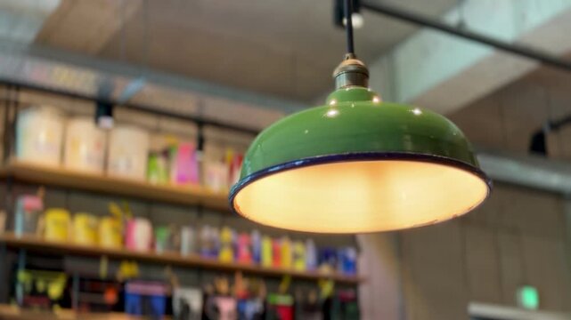 Industrial Green Pendant Light with Warm Glow in Interior Space