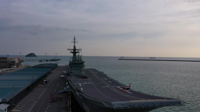 Aerial view of war ship at Chuk samet port, Sattahip.