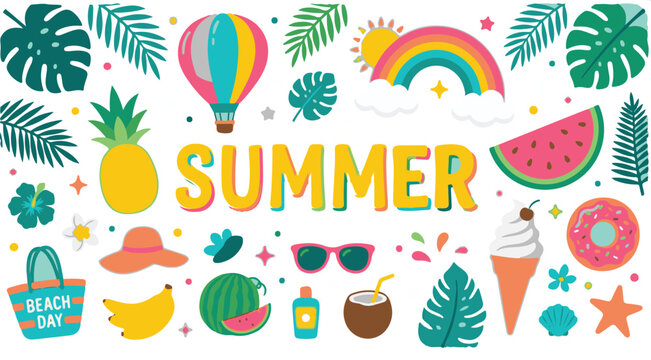 Summer vacation icons and elements set with tropical fruits and beach items