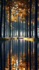 Autumn forest with trees reflected water. © studio