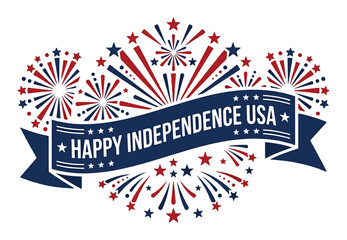 Obraz premium American independence day greeting with fireworks display and dark blue ribbon banner for usa holiday.