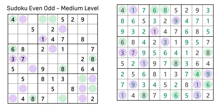 Printable Sudoku Even Odd Medium level grid with solution for children and adults  
