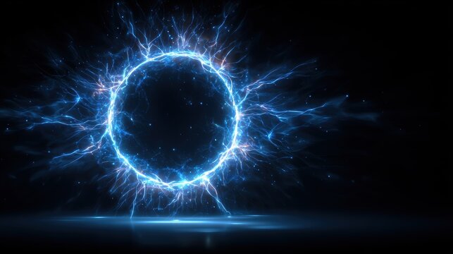 Stunning photo of electric blue lightning frame with plasma portal on dark background. Round glowing sphere with neon strikes. Energy circle border with flash spark effects.