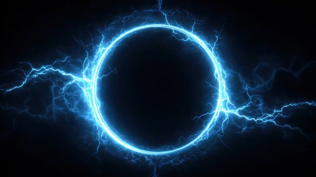 Stunning photo of electric blue lightning frame with plasma portal on dark background. Round glowing sphere with neon strikes. Energy circle border with flash spark effects.