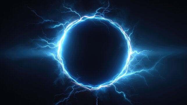 Stunning photo of electric blue lightning frame with plasma portal on dark background. Round glowing sphere with neon strikes. Energy circle border with flash spark effects.