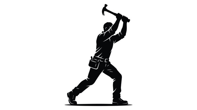 Construction worker swinging hammer isolated silhouette