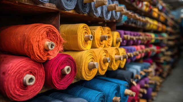 colorsful fabric silk rolls in textile shop industry from india.