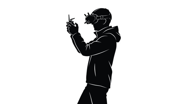 Silhouette man flying drone with goggles and controller