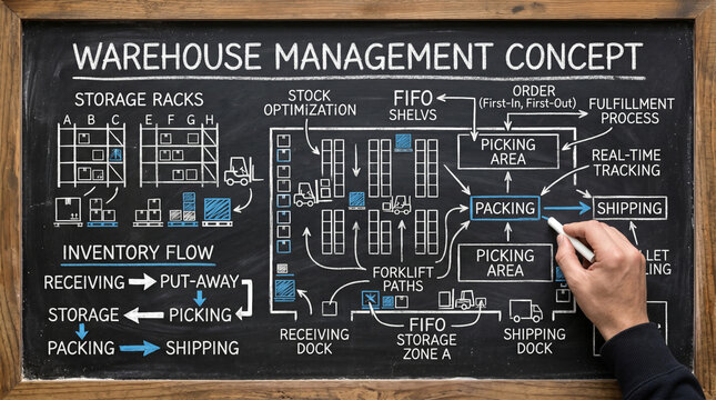 Warehouse management concept illustrated on a chalkboard with various elements like storage racks, inventory flow, and picking areas, showing a hand drawing a diagram