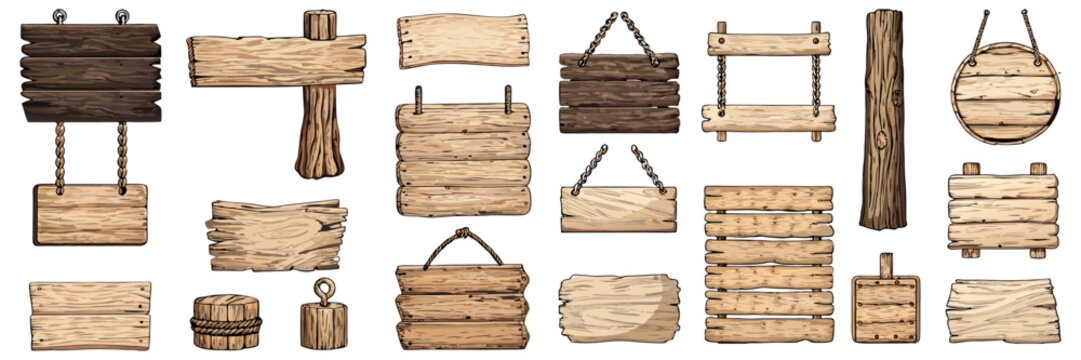 A collection of  rustic wooden signs, textured planks, and hanging banners. This set of vintage empty wood boards, ropes, and log posts perfect for old Western or country-themed signage.