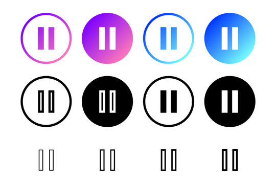 Gradient Pause Icon button in Flat Style. flat pause symbol (two vertical bars) on a soft purple gradient circle. Universally recognized media &ldquo;pause&rdquo; icon for UI or video/audio