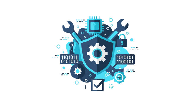 Cybersecurity and IT Maintenance Concept Illustration with Shield, Gear, CPU, and Binary Code for Data Protection, System Optimization, and Technical Support