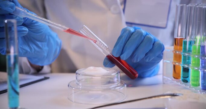 Assistant hand drips red liquid reagent onto powder pile in chemical lab. Technician in gloves researches substance reactions in modern laboratory