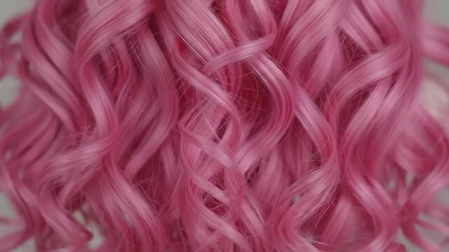 A close up view of vibrant pink hair styled in soft flowing curls
