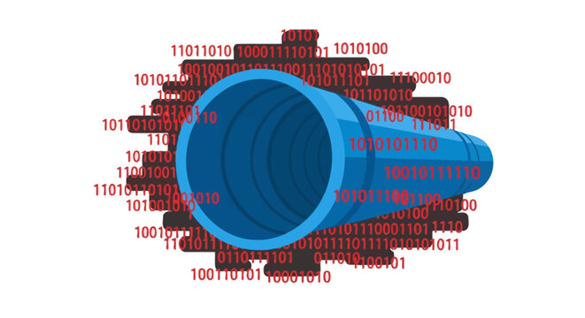 Data Pipeline Concept with Blue Industrial Pipe Emerging from Binary Code Stream - Digital Information Flow and Big Data Transfer Illustration