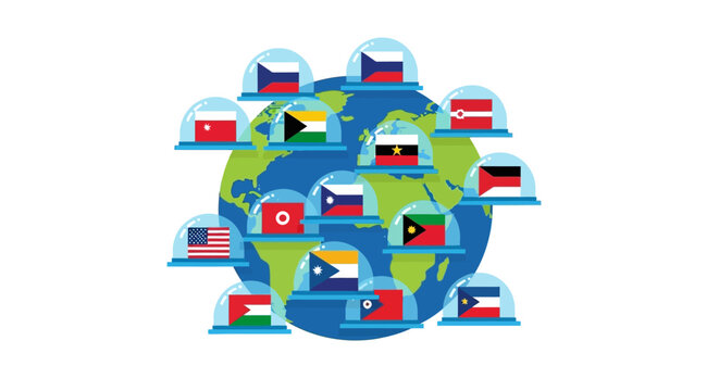 Conceptual Illustration of Globalization and Travel Bubbles Featuring World Flags in Protective Domes over Planet Earth