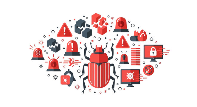 Cybersecurity and Software Bug Concept Illustration with Digital Warning Icons and Malware Symbols