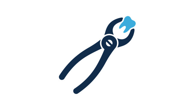 Minimalist vector graphic illustration of professional dental pliers holding a single blue human tooth icon