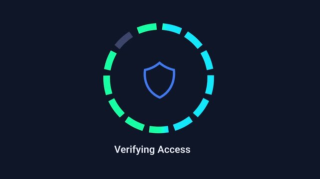 Animated digital security interface showing access verification with a shield icon and circular progress indicator on a dark background, representing authentication, protection, and system security.