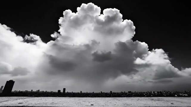 Dramatic monochrome time-lapse of cumulus clouds rolling over a city skyline creating an evocative weather pattern.