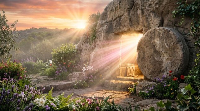 Empty stone tomb of Jesus Christ with open entrance at sunrise. Resurrection of Jesus Christ at Easter. Biblical scene with shroud and bright divine light shining from inside cave.