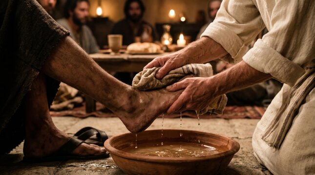 Man washing feet of man in stone basin. Biblical scene of humble servant cleaning dirty foot with cloth. Religious concept of service, kindness and spiritual devotion for Easter.