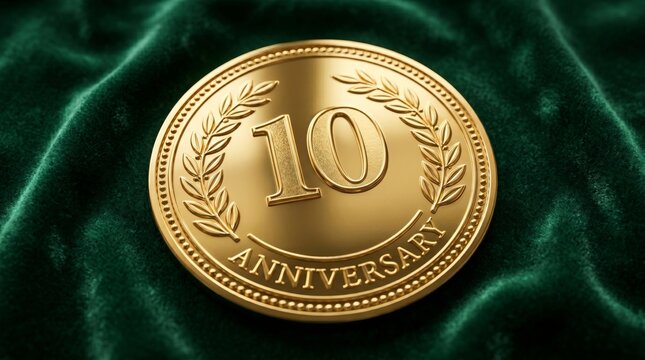Golden coin with embossed number ten and laurel wreath on dark green velvet background. Celebration of tenth anniversary. Premium award, decorative medallion, symbol of achievement.
