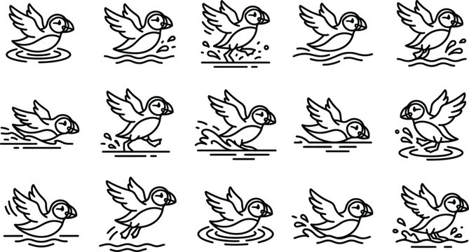 Collection of black and white line depicting puffins in various water-related actions bird line black and white