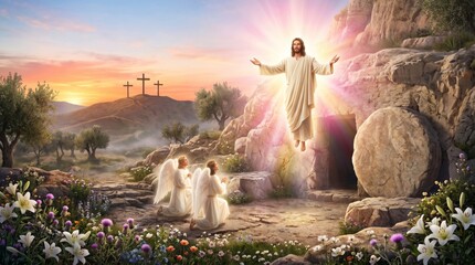 Obraz premium Jesus Christ rising from the tomb with angels in prayer. The resurrection of Jesus at dawn near the cross. Christian religious scene representing hope, salvation and afterlife wonder.