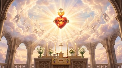Obraz premium Sacred Heart of Jesus glowing above a church altar. Religious depiction of divine love and grace with angels and heaven scenery. Christian faith worship background for Easter.
