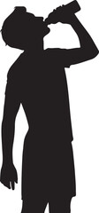 Fototapeta premium Black silhouette of a man drinking from a bottle, side view, vector illustration, isolated on white