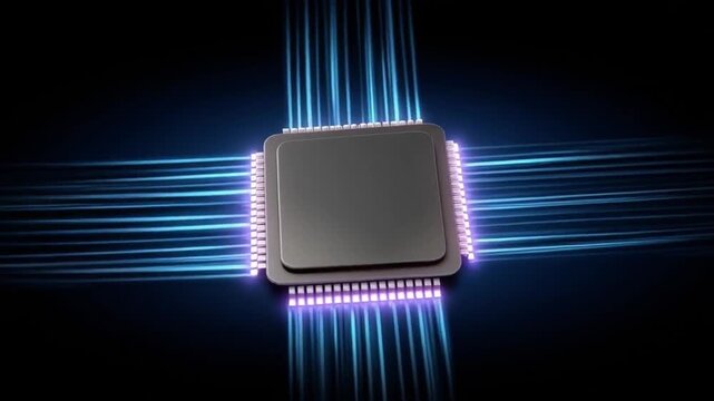 AI chip hybrid cloud ecosystem with glowing blue circuit lines, futuristic technology, microchip design, and digital data